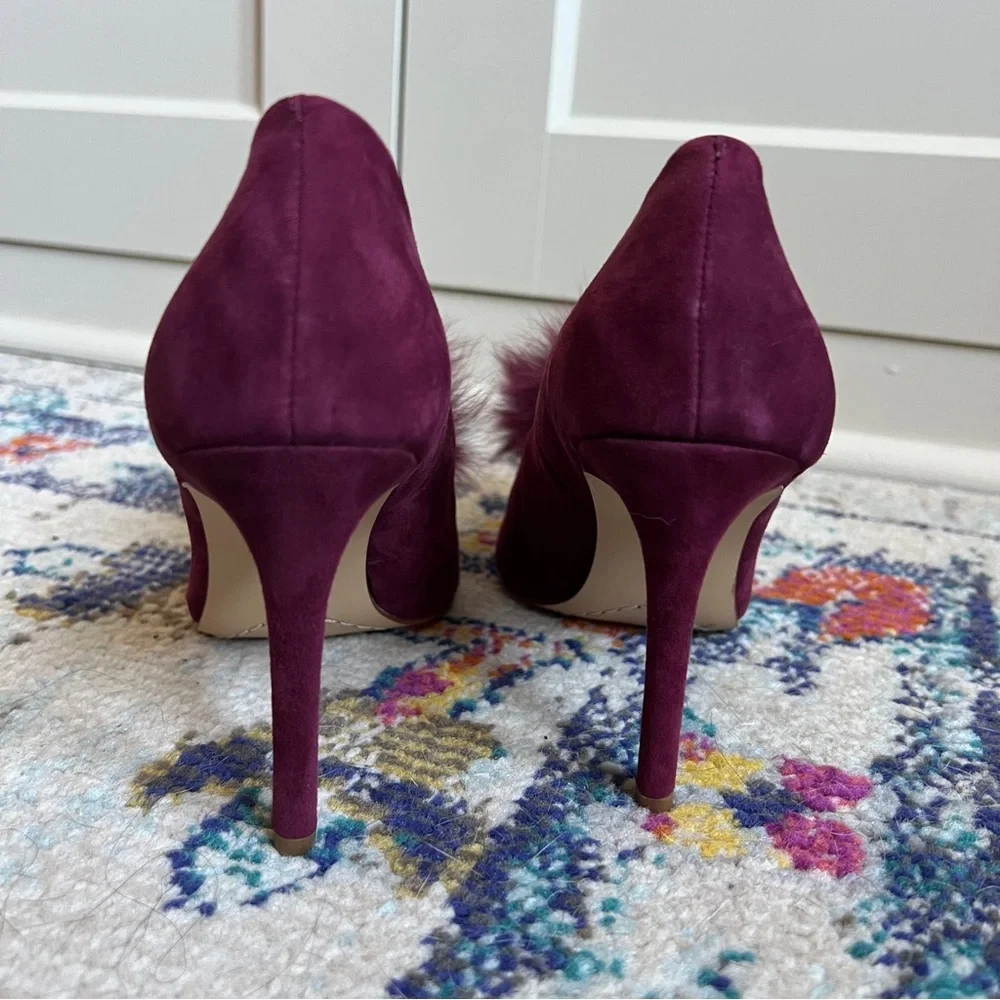 Gianni Bini Dorindah Burgundy Suede Pumps with Real Fox Fur Pom Pom Details 8.5 - Picture 4 of 6